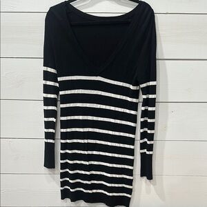 Black and White Striped V-Neck Sweater